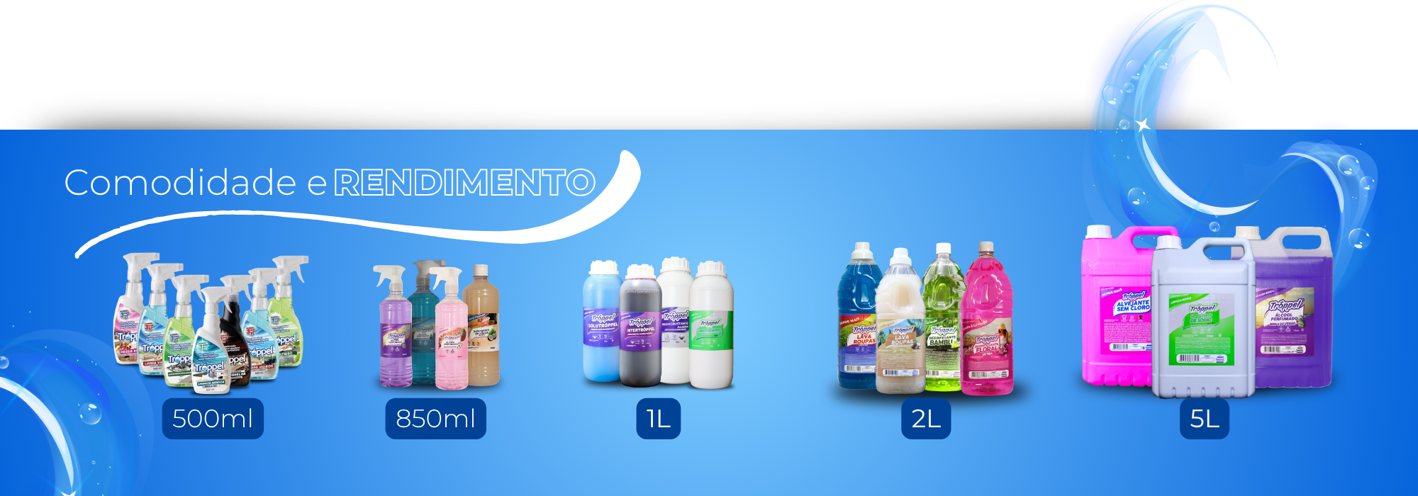 Linha de produtos Tróppel disponível em 500ml, 850ml, 1L, 2L e 5L